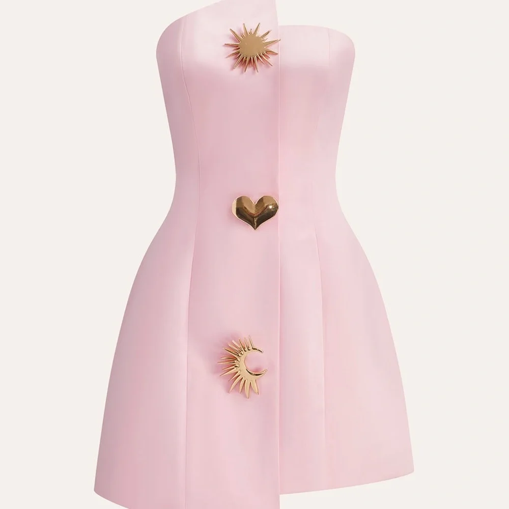 Commense Light Pink Gold Satin Asymmetrical Embellished Strapless Dress Medium - Picture 1 of 14